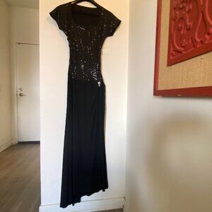 NS Talia Haute Couture Black Sequined Jersey Long Gown w Rhinestone Accents Sz M